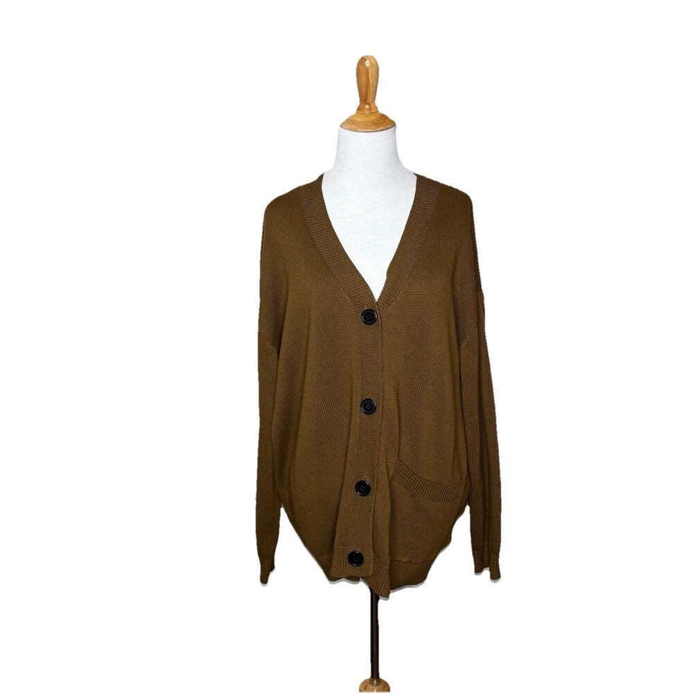 Dazy Brown Knit Black Buttons V Neck Sweater Cardigan Womens large Pocket